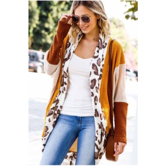BellanBlue Sweaters - Mustard Leopard Print Color Block Open Front Waffle Cardigan